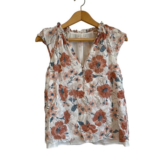 Rebecca Taylor Tops - Rebecca Taylor Amelie  floral silk blend top short sleeve pink ruffles button S